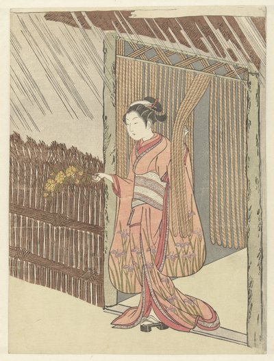 Elinde bir yamabuki şubesi olan kız by Suzuki Harunobu