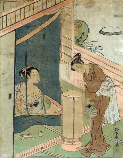 Ukiyo-e tarzında ahşap baskı sanatçısı Japon tasarımcı Harunobu Suzuki tarafından cibinliğin arkasındaki anne ve çocuk. by Suzuki Harunobu