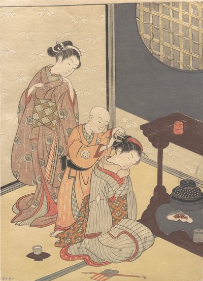 Çift Raflı Standda Gece Yağmuru, Sekiz Salon Manzarası serisinden ..., ca. 18. yüzyılın sonlarında. by Suzuki Harunobu