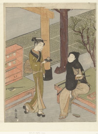 Osen, Kasamori türbesindeki çay standından bir müşteriye çay servisi yapmaktadır. by Suzuki Harunobu