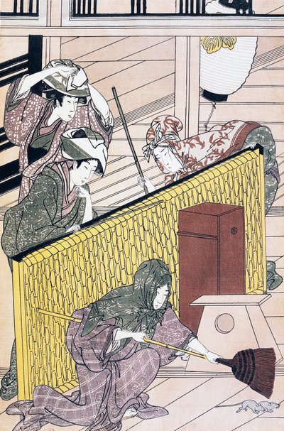 Evde fareleri kovalayan hizmetçi, Suzuki Harunobu (1725-1770) tarafından ukiyo-e sanat baskısı, gravür, Japon uygarlığı, Edo dönemi by Suzuki Harunobu