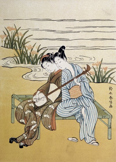 Shamisen: Shamisen oynayan çift (veya samisen: üç telli uzun kollu lavta) - Harunobou tarafından, “Japan artistique””, Temmuz 1890 by Suzuki Harunobu