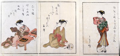 Üç cariye. Soldan sağa, Hiinatsuru, Hanagishi ve üçüncüsü tanımlanamayan. Harunobu Suzuki