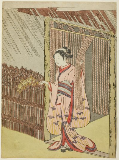 Yağmurda Kerria Çiçeklerinin Dalını Tutan Kadın (Ota Dokan'ın parodisi) by Suzuki Harunobu