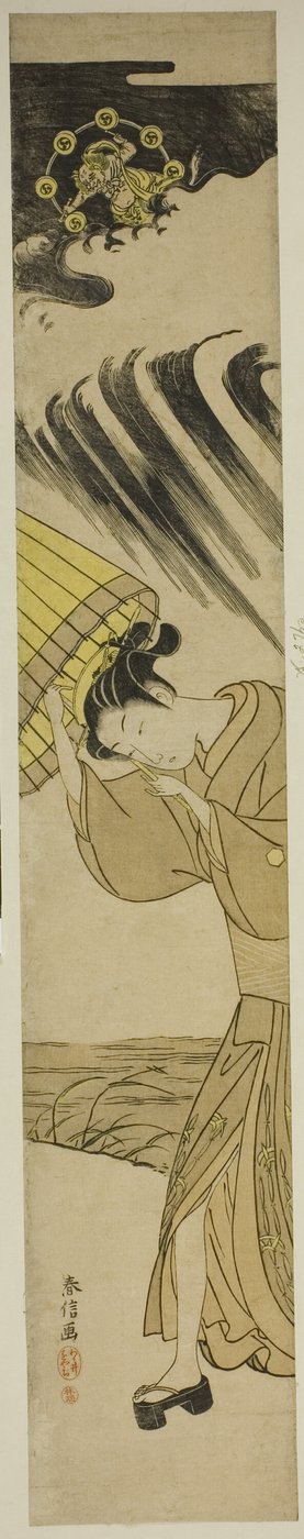 Gök Gürültüsü Yaklaşırken Şemsiye Açan Kadın by Suzuki Harunobu