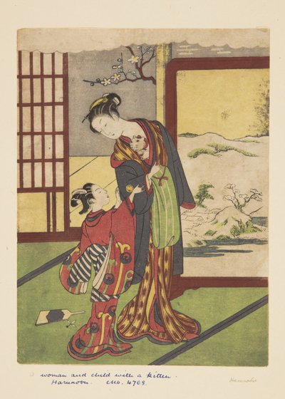 Kedili Kadın ve Çocuk (renkli tahta baskı) by Suzuki Harunobu