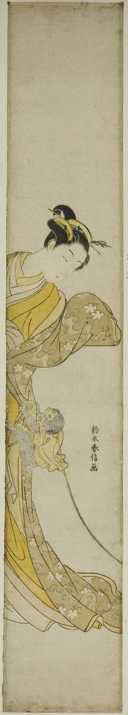 evde beslenen hayvan maymun olan kadın by Suzuki Harunobu