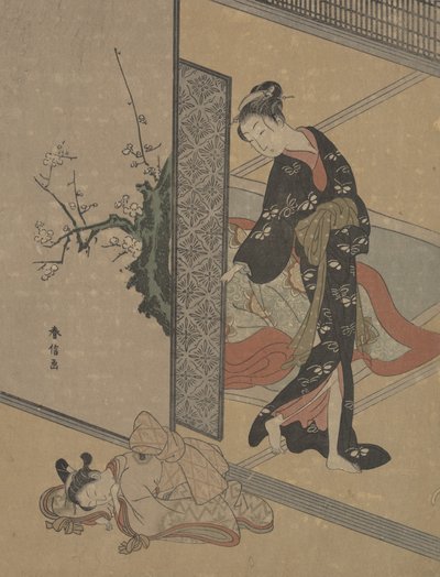 Genç Bayan Kapıdan Yerde Uyuyan Kamuro Küçük Hizmetçisine Bakıyor. by Suzuki Harunobu