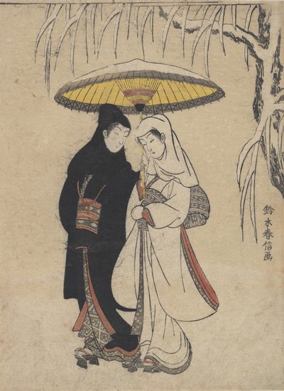 Kar Fırtınasında Bir Şemsiye Altında Birlikte Yürüyen Genç Aşıklar Karga ve Balıkçıl, ca. ..., CA. 1769. by Suzuki Harunobu