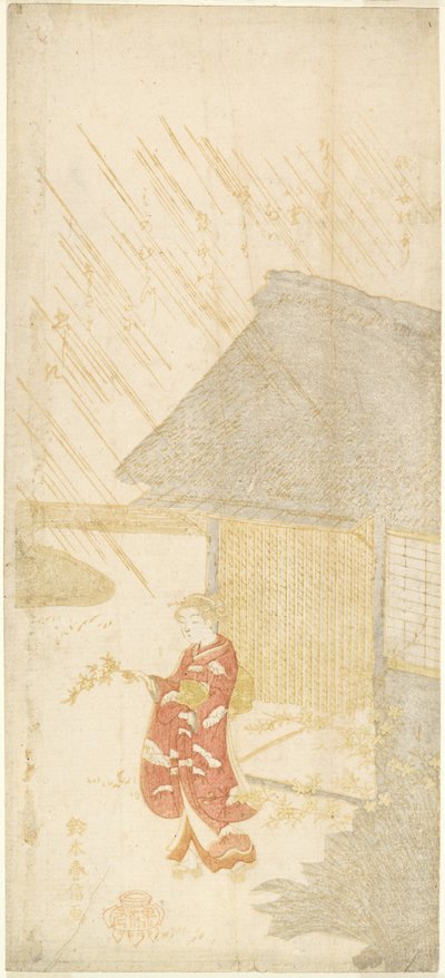 Kerria dalı tutan genç kadın by Suzuki Harunobu