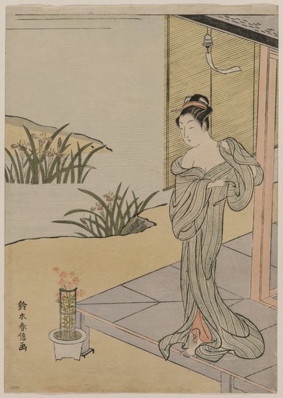 Pembe bir tencereye bakan genç kadın by Suzuki Harunobu