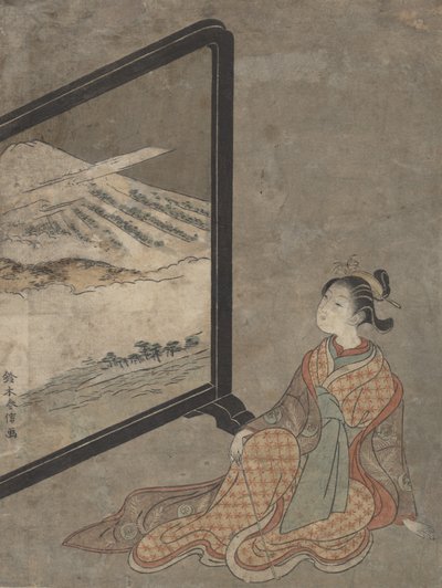 Elinde Pipo Olan Genç Kadın Bir Ekrana Boyanmış Manzaraya Bakıyor. by Suzuki Harunobu