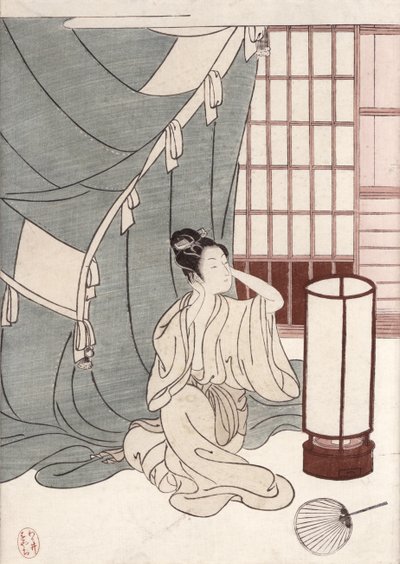 Young woman kneeling by her mosquito net, 1766 (colour woodblock print) by Suzuki Harunobu