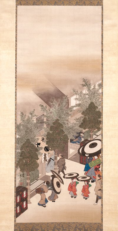 Yoshiwara ve Shinagawa (ipek üzerine mürekkep, renk ve altın) by Suzuki Kiitsu