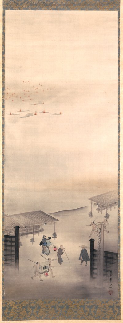 Yoshiwara ve Shinagawa, Edo Dönemi (ipek üzerine mürekkep, renk ve altın) by Suzuki Kiitsu