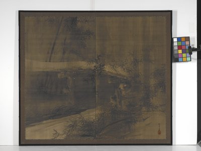 Tanuki Under A Bridge (biraz turuncu, altın ve gümüş ile ipek üzerine mürekkep) by Suzuki Shōnen