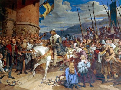 İsveç Kralı Gustav I Eriksson Vasa, Uppsala'da muzaffer bir şekilde karşılandı by Swedish School