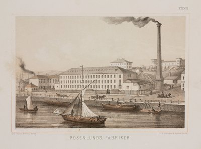 "Rosenlunds Fabriker" (Rosenlunds Fabrikası), Rosenlunds, Stockholm, İsveç, c.1840 (renkli taş) by Swedish School