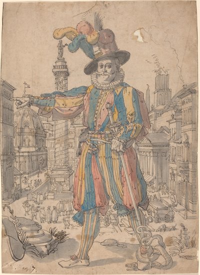 İsviçreli Muhafızlardan Giovanni Grosso, Roma Manzarası Önünde Duruyor by Swiss 17th Century after Francesco Villamena