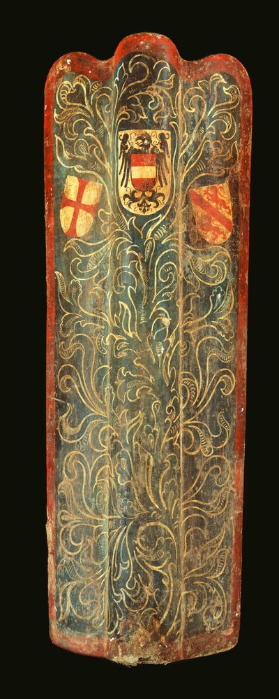 Yeşil kaydırmalı yeşillik tasarımlı gesso boyalı tuval ve Habsburg, St George Birliği ve Winterthur kasabasının armalarıyla kaplı nadir bir İsviçre ahşap pavyonu, c.1445 by Swiss School
