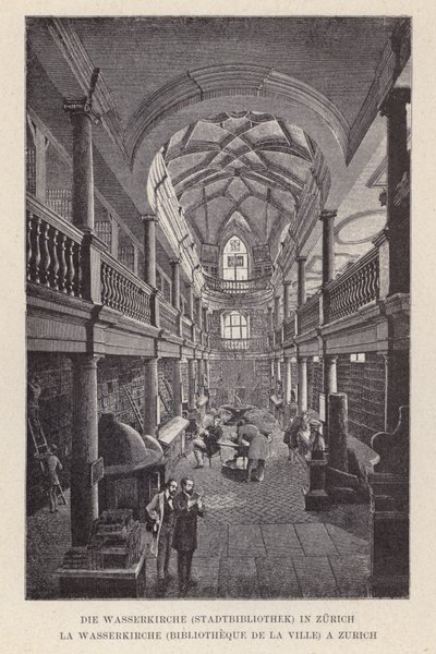 Wasserkirche, Şehir Kütüphanesi, Zürih, La Wasserkirche, Bibliotheque de la Ville, bir Zürih (gravür) by Swiss School