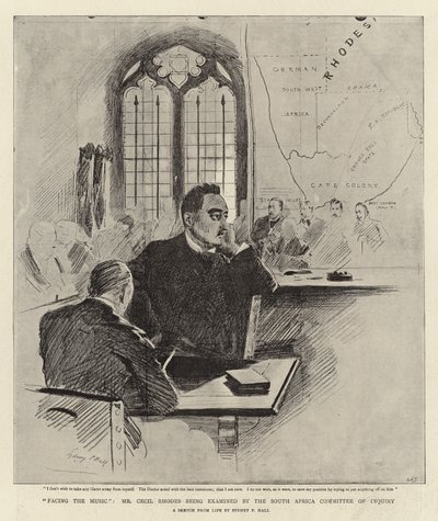 Müziğe bakan Bay Cecil Rhodes, Güney Afrika Soruşturma Komitesi tarafından muayene ediliyor by Sydney Prior Hall