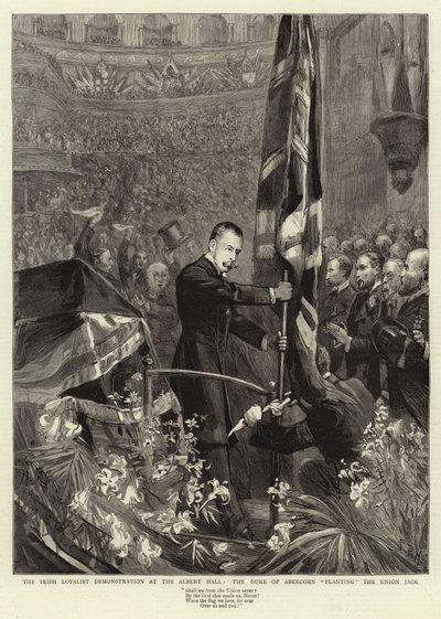 Albert Hall'daki İrlandalı Sadık Gösterisi, Abercorn Dükü Union Jack'i Dikiyor by Sydney Prior Hall
