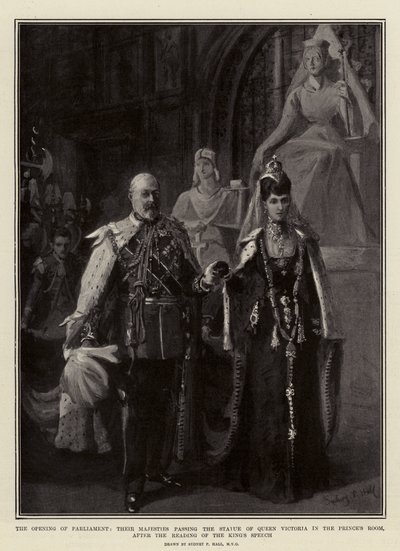 Parlamentonun Açılışı, Majesteleri Kralın Konuşmasının Okunmasından Sonra Prens Odasında Kraliçe Victoria Heykeli'nden Geçiyor by Sydney Prior Hall