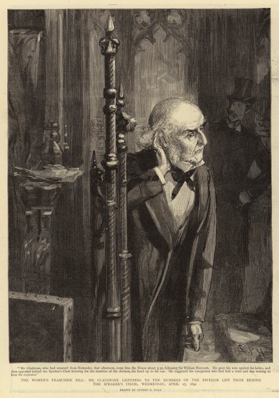 Kadınların Franchise Yasası, Bay Gladstone, 27 Nisan 1892 Çarşamba, Konuşmacı Koltuğunun arkasından Bölüm Listesinin Numaralarını dinliyor by Sydney Prior Hall