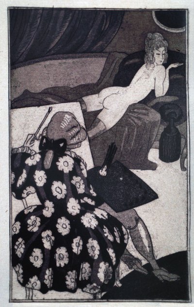 Erotizm: Giacomo Casanova (1725-1798) uzun metresini bir kanepede çırılçıplak olarak tasvir ediyor (gravür) by Sylvain Sauvage