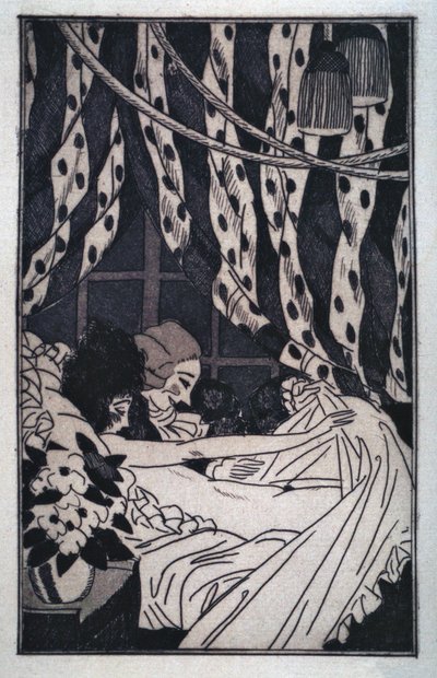 Erotizm: Giacomo Casanova (1725-1798) 20. yüzyılın başlarında çıplak metresini seyretmek için çarşafları kaldırıyor (gravür) by Sylvain Sauvage