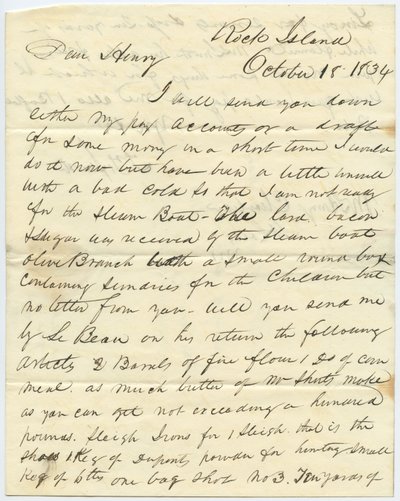İmzalı mektup T.F. Smith, Rock Island, Henry Chouteau, St. Louis, Mo., 18 Ekim 1834 by T.F. Smith