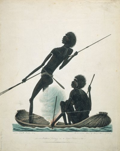 Kabuklu bir kanoda balık tutan yerliler, 1819 by T.R. Browne