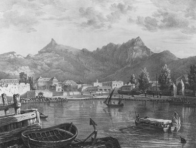 Port Louis, Mauritius, from the Eastern side of the harbour, c.1830 (lithograph) by T. (after) Bradshaw
