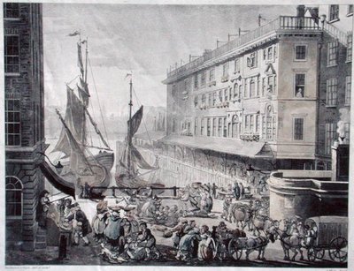 J. Bluck (fl.1791-1819) (aquatint) tarafından oyulmuş Billingsgate Market by T. and Pugin A.C. (after) Rowlandson