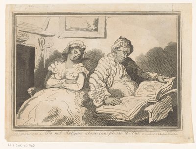 Yaşlı adam, yanında genç karısıyla birlikte bir resim albümünü karıştırıyor. Antikalar tek başına gözü memnun edemez (nesne üzerindeki başlık) by T. Smith