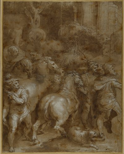 Atlar ve erkekler, sağa dönük (kalem ve kahverengi mürekkep, kağıt üzerinde yıkama ve beyaz gövde rengi) by Taddeo Zuccaro