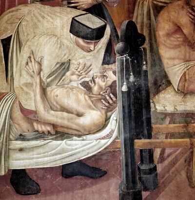 Hastanede hasta bakımı, sedyede yatan yaralıya hemşire yardım ediyor”” Detay. Fresk Taddeo di Bartolo (1363-1422) 14. yüzyıl Siena, Spedale di Santa Maria della Scala by Taddeo di Bartolo