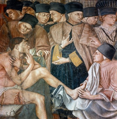 Hastanede hastaların bakımı, pelerin yaralarının ayaklarını hemşireler yıkıyor”” Detay. Fresk Taddeo di Bartolo (1363-1422) 14. yüzyıl Siena, Ospedale di Santa Maria della Scala by Taddeo di Bartolo