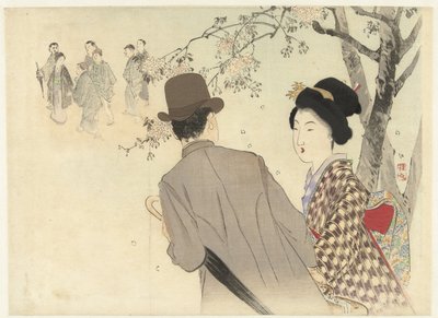Melon şapkalı ve şemsiyeli adam ve kimonolu bayan by Takeuchi Keishū