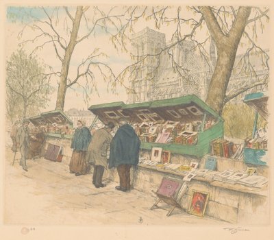 Arka planda Quai de Montebello, Notre-Dame'deki kitap tezgahları by Tavík František Šimon (signed by artist)