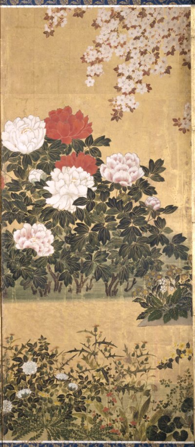 Çiçekler ve Kelebekler (kağıt üzerine mürekkep, renk ve altın varak) by Tawaraya Sotatsu