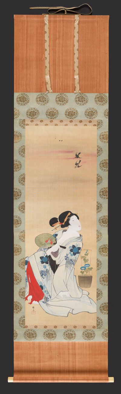 Tencerenin Yanında Oturan Yelpazeyi Tutan Güzellik Morning Glory, c.1830-44 (ipek üzerine mürekkep ve renk) by Teisai Hokuba