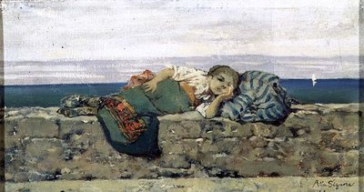 Parapet üzerinde yatan köylü kız by Telemaco Signorini