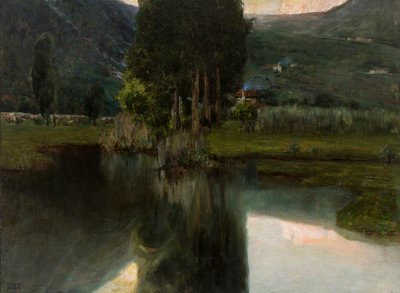 Selvileri ve evleri olan göl, 1923. by Teodoro Wolf Ferrari
