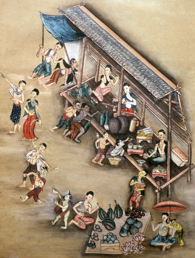 Bir pazar sahnesini betimleyen halk resmi (kağıt üzerinde wc) by Thai School