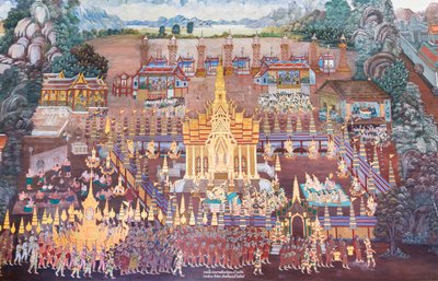 Wat Phra Kaeo, Kraliyet Büyük Sarayı, Bangkok, Tayland'daki Ramayana'dan sahneleri tasvir eden duvar resmi by Thai School