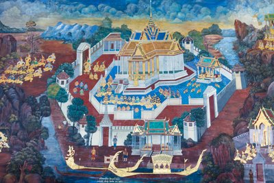Wat Phra Kaeo, Kraliyet Büyük Sarayı, Bangkok, Tayland'daki Ramayana'dan sahneleri tasvir eden duvar resmi by Thai School