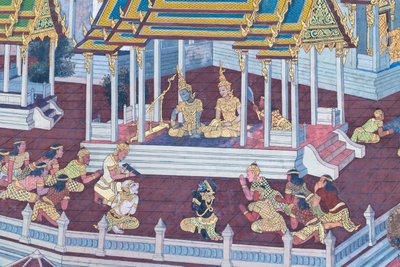 Wat Phra Kaeo, Kraliyet Büyük Sarayı, Bangkok, Tayland'daki Ramayana'dan sahneleri tasvir eden duvar resmi by Thai School