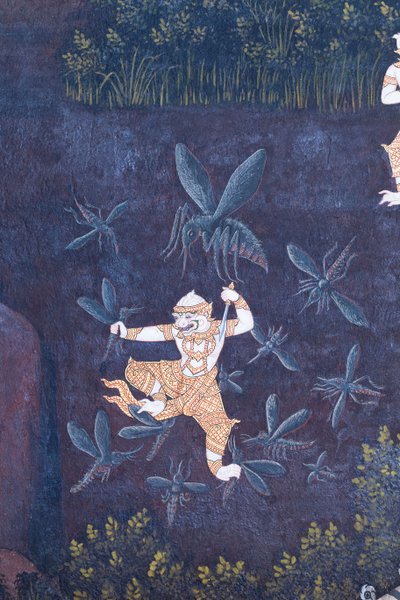 Wat Phra Kaeo, Kraliyet Büyük Sarayı, Bangkok, Tayland'daki Ramayana'dan sahneleri tasvir eden duvar resmi by Thai School
